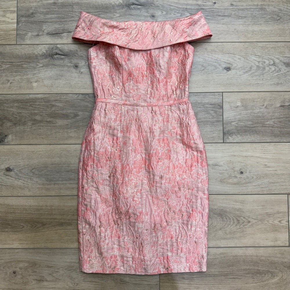 Calvin Klein Pink Gold Floral Jacquard Off Shoulder Sheath Dress Event Wedding 2